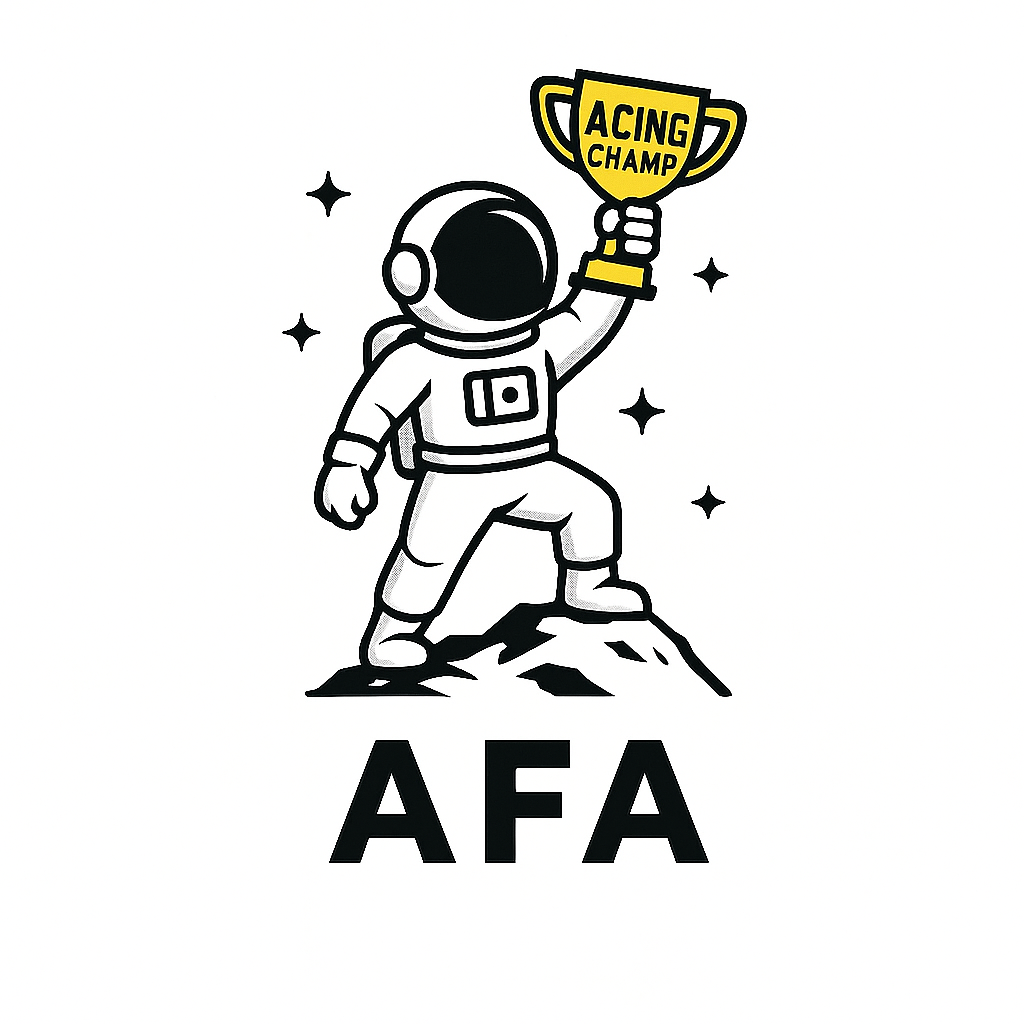 Acing Future Academics Logo astronaut in uniform holding AFA Trophy